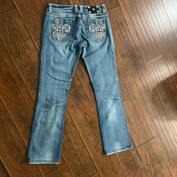 Miss Me Jeans Womens 30 Fleur de Lis Embellished Bootcut Distressed Denim - Picture 2 of 11
